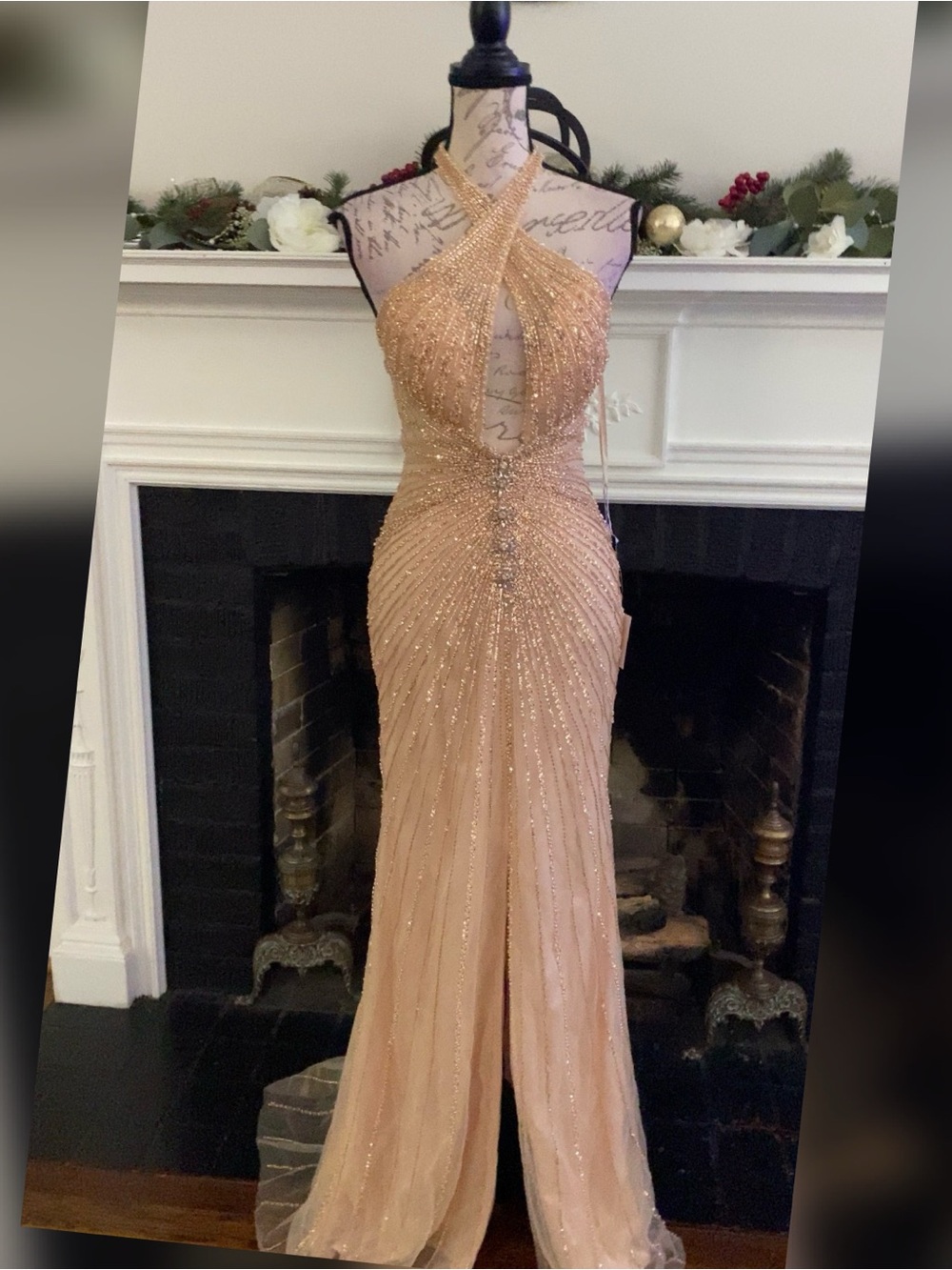 NWT halter beaded champagne formal dress, prom dress, gala, pageant evening gown - Picture 5 of 6